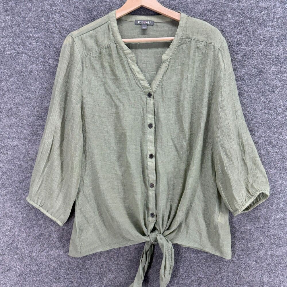 Roz & Ali Blouse Women L Large Gray Button V-Neck Long Sleeve Rayon Casual
